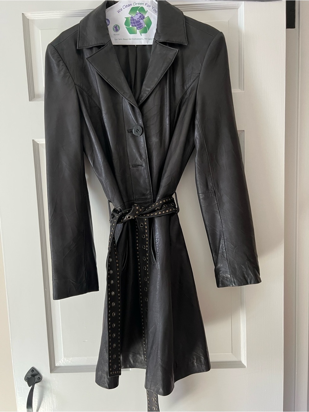 Black Leather Trench Coat with Studded Tie Belt
